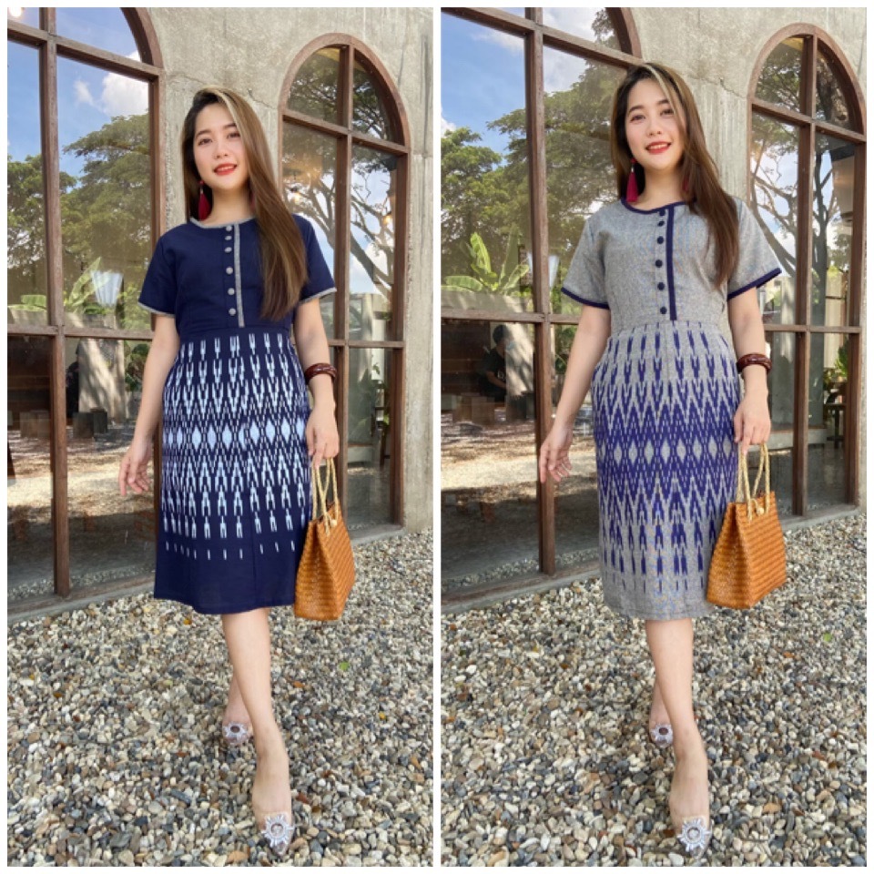 ชุดเดรสผ้าไทยแต่งกระดุมหน้า (มีไซร้ 36″-52″) ชุดผ้าไทย ชุดใส่ทำงาน ชุดใส่ออกงานบวชงานแต่ง