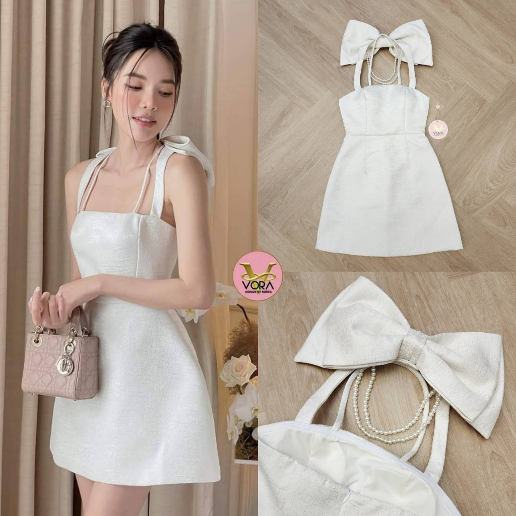 🚩พร้อมส่ง📍 Queen6 Dressสั้น สายเดี่ยวคล้องคอ ด้านหลังแต่งโบว์ใหญ่และสร้อยไข่มุก ช่วงอกมีฟองน้ำจัดทรง vora