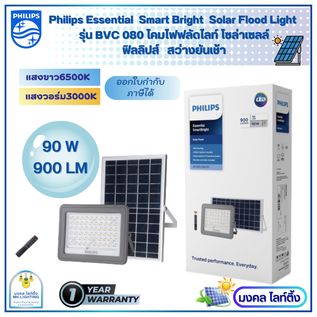 Philips Solar โคมไฟอเนกประสงค์ โซล่าเซลล์ ฟิลลิปส์ Solar Flood Light su BVC080 ขนาด 90w  Solar Philips สายยาว5 เมตร