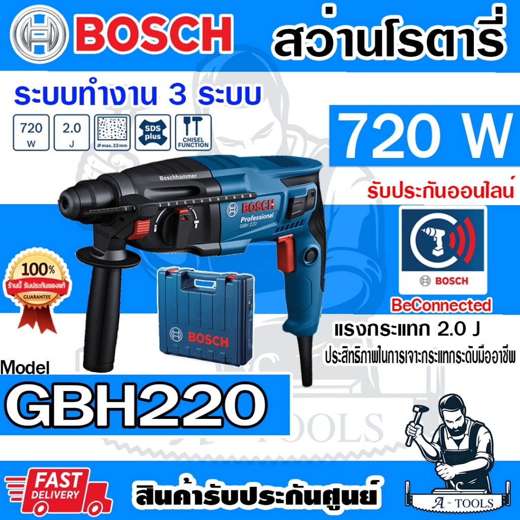 BOSCH สว่านโรตารี่ บ๊อช รุ่น GBH220 720W 23mm. 3ระบบ ปรับซ้าย-ขวา สกัดได้ 06112A60K0 GBH-220 GBH 220