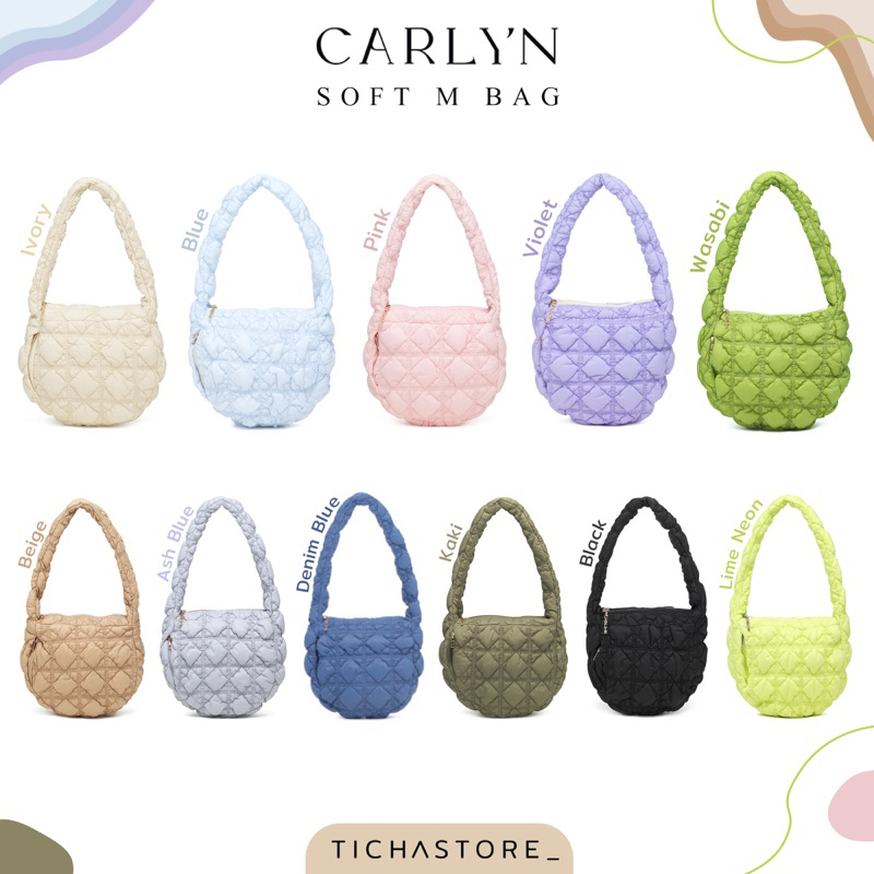 (พร้อมส่ง) Carlyn Soft M Bag สี Black/Ivory/Ash Blue/Lime neon/Bubble Pink/Beige/Wasabi/Violet/Denim Blue ของแท้