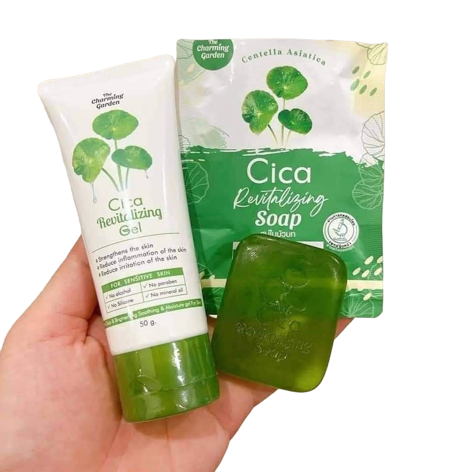 พร้อมส่ง!!! (เซตคู่จิ้น 2 ชิ้น) สบู่ใบบัวบก 1 + เจลกู้ผิวใบบัวบก 1 cica 𝗼𝗿𝗴𝗮𝗻𝗶𝗰 ลดสิว รูคุมขนกระชับ หน้าชุ่มชื้น