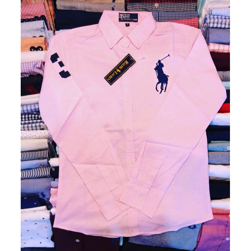 ตะกร้าปลิวไม่มีรีวิวนะคะเสื้อเชิ้ตแขนยาวปักม้าเลขสามกรมสีชมพูอ่อน