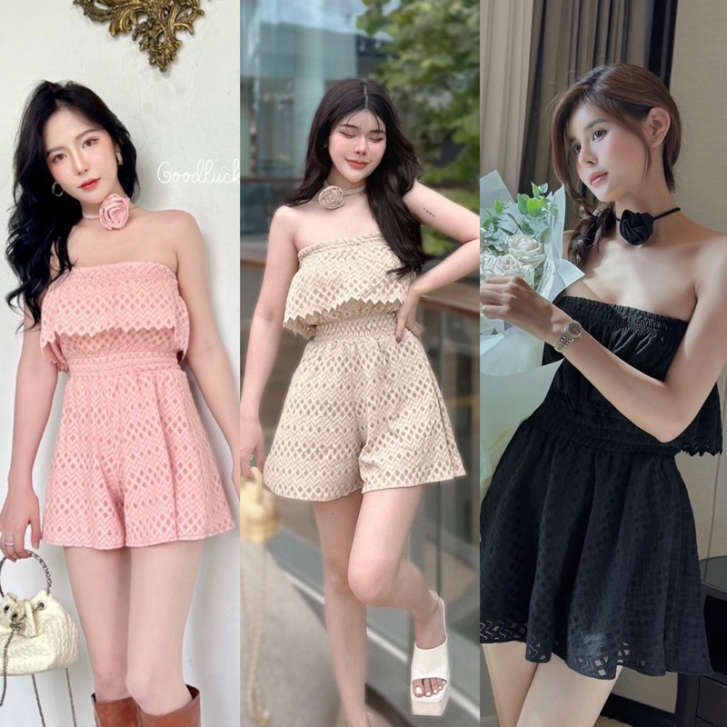 Teera❤️พร้อมส่ง✨จั๊มสูท เกาะอกกางเกง ผ้าลูกไม้ ผ้ายืดดีมาก ซับในทั้งชุด💛Goodluck