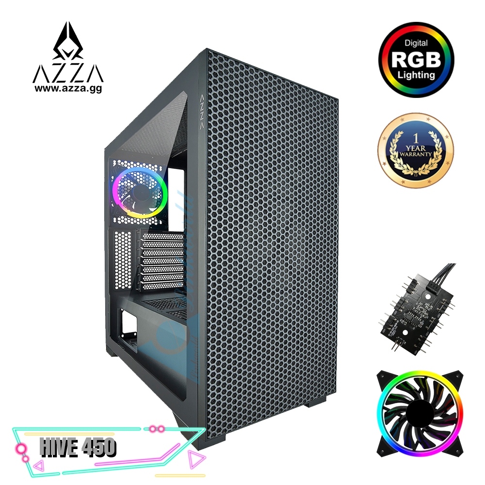 AZZA ATX Mid Tower Tempered Glass ARGB Gaming Case HIVE 450 - Black