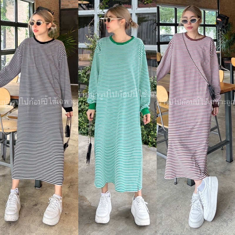 Yunaka เดรสสาวอวบ เดรสลายทางแขนยาว อก 48-60 Striped style oversize dress