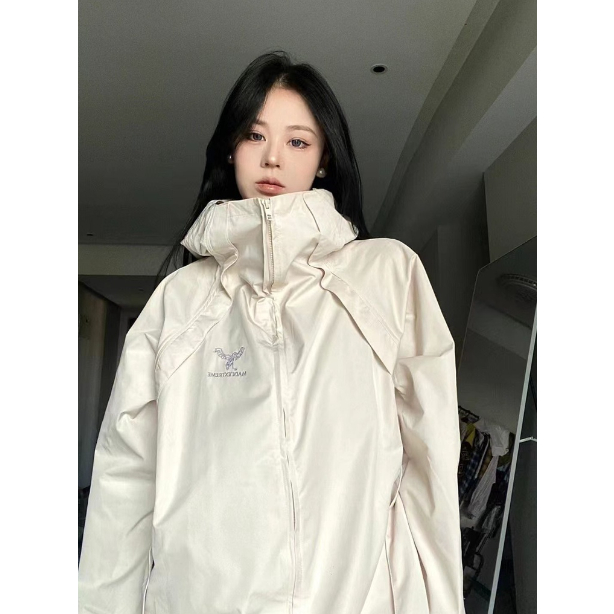 เสื้อคลุมแขนยาว มีฮู้ด เสื้อแจ็คเก้ตผ้าร่ม(สีขาว/สีดำ)Jacket รุ่นขนาด S-2XL ทรงหลวม **ผอม อวบ อ้วน ใส่ได้