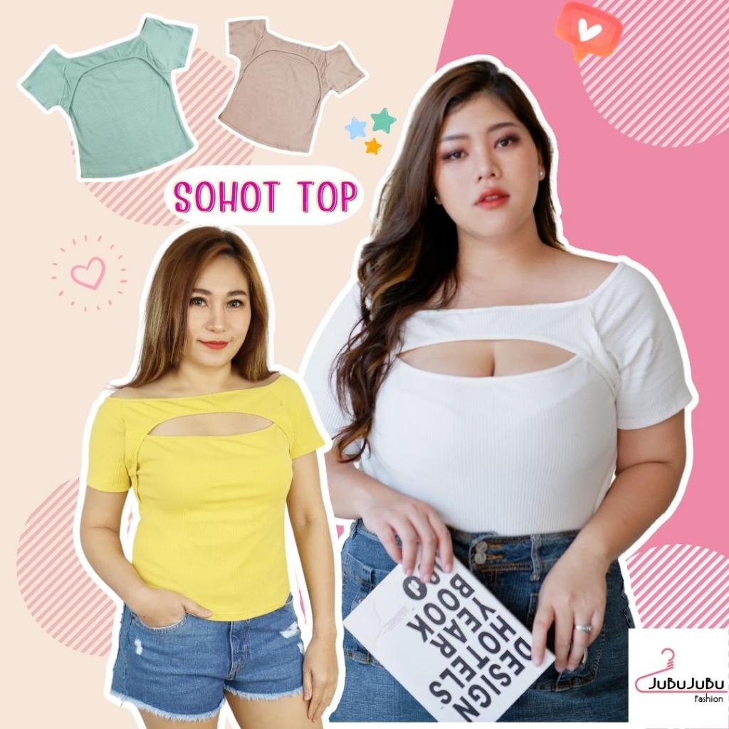 SALE Sohot Top เสื้อปาดไหล่ เจาะอก เสื้อสาวอวบ ผ้าร่อง หน้าอก 35-48 นิ้ว พร้อมส่ง #493