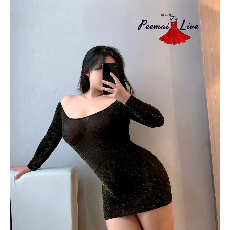 ชุดเดรสเปิดไหล่ แขนยาว(Size:: L-2XL)ประดับพลอยเทียม ชุดนอนไม่ได้นอน