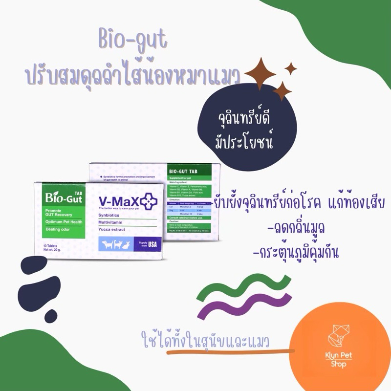 V-Max Bio Gut 20g. ปรับสมดุลทางเดินอาหาร สำหรับหมาแมวท้องเสีย (1กล่อง มี10เม็ด)