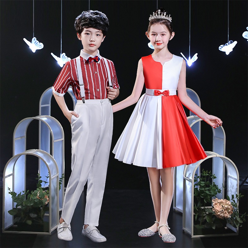 ชุดคู่ชายหญิงชุดการแสดงเด็กสีแดงขาวสไตล์หรู พร้อมเอี๊ยมสีขาวเก๋ๆ (พร้อมส่งในไทย)