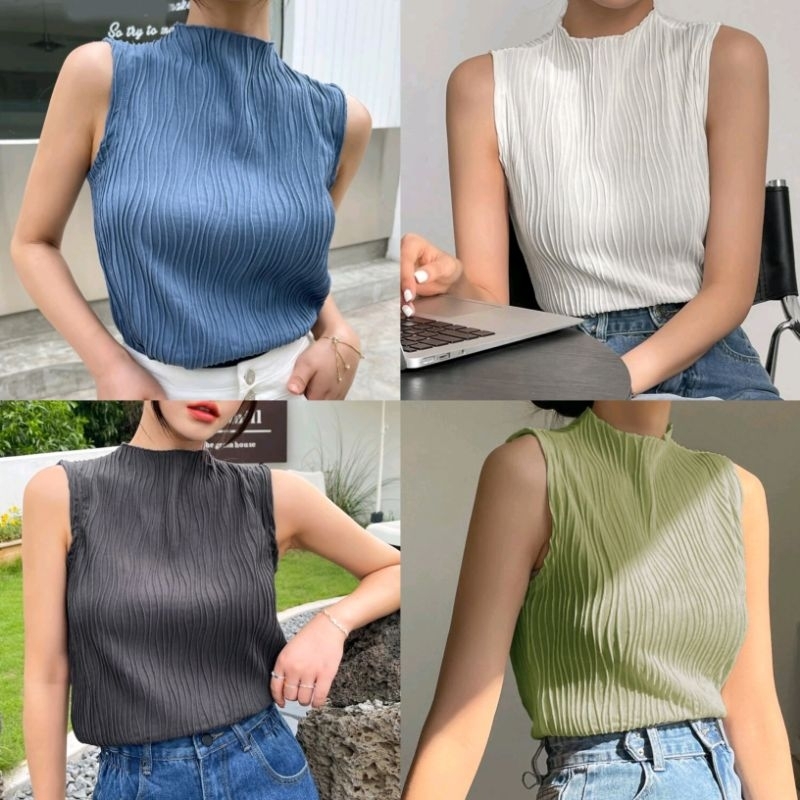 เสื้อกล้ามแขนสั้น​​ ทรงคอสูง​ ผ้าแต่งย่น​ เรียบง่าย​ เสื้อแขนกุด​ มีหล​า​ย​สี​ I​ พรี​ออเดอร์​