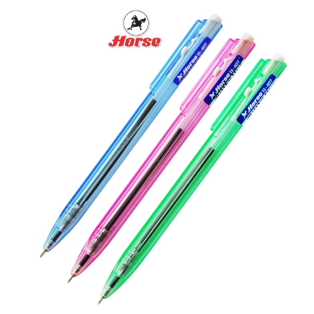 HORSE ตราม้า ปากกาลูกลื่น แบบกด  ด้ามเหลี่ยม 0.5มม. H-407 – หลากสี บรรจุ 3ด้าม /แพ็ค  จำนวน 1 แพ็ค ราคา ถูกที่สุด ดีลบีเคเค