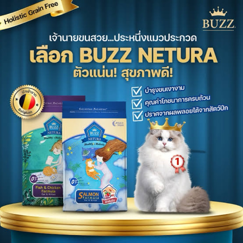 Buzz Netura บัซซ์ อาหารแมวสูตรโฮลิสติก-เกรนฟรี สูตรแซลมอน และ เนื้อปลาและไก่ ขนาด 4 กิโลกรัม