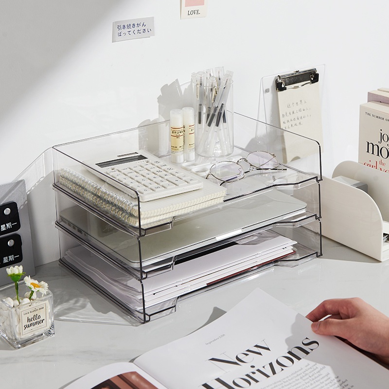 ถาดอะคริลิคใส ถาดใสอเนกประสงค์ แบบตั้งโต๊ะและเรียบหรู สีโปร่งใส สามารถวางต่อกันได้หลายชั้น