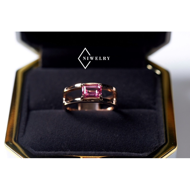 แหวนพลอยแท้ รุ่น Double Line Octagon พลอยพิงค์โทพาซ Pink topaz ตัวเรือนเงินแท้ชุบทอง แจ้งไซส์ในข้อความ พร้อมใบรับประกัน