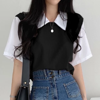 เสื้อครอป เสื้อคอปก ผ้าร่อง ผ้าทิ้งตัว สไตล์เกาหลี #2291