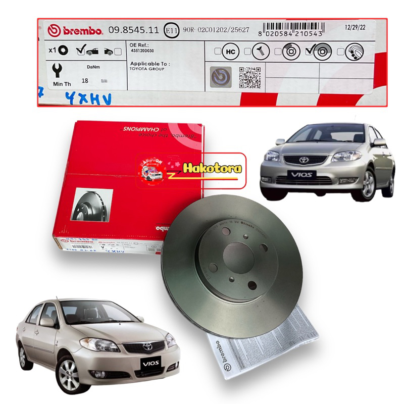 จานเบรคหน้า 1ใบ BREMBO TOYOTA VIOS เจน1 NCP42 1.5 2002-2006 ขนาด 09 8545 11