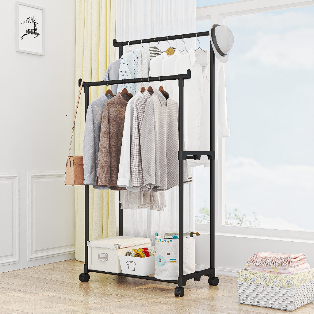 ใหม่！ราวตากผ้า ราวแขวนผ้าบาร์คู่ ราวตากผ้าในห้องนอน พร้อมล้อเลื่อนเคลื่อนย้ายสะดวก พร้อมส่ง