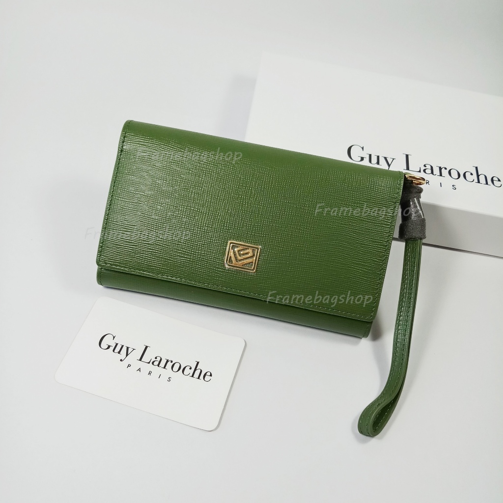 Guy Laroche กระเป๋าสตางค์ผู้หญิงใบกลาง สามพับ สีเขียว หนังลาย อะไหล่ทอง หนังแท้100%