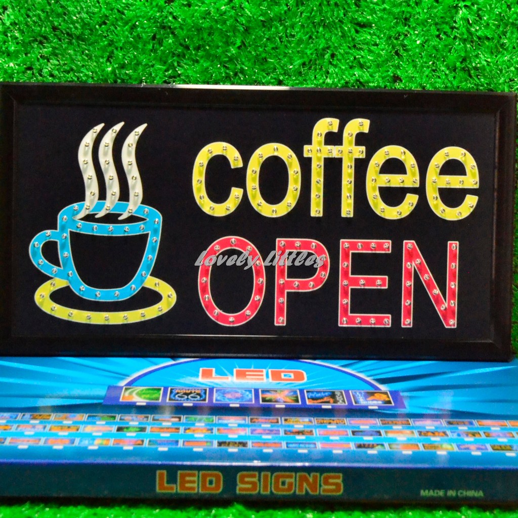 ป้ายไฟLED ไฟตัวอักษร ไฟวิ่ง ไฟหน้าร้าน"ป้ายไฟ coffee OPEN"แบบเสียบปลั๊กไฟ ไฟตกเเต่งร้าน รับทำป้าย