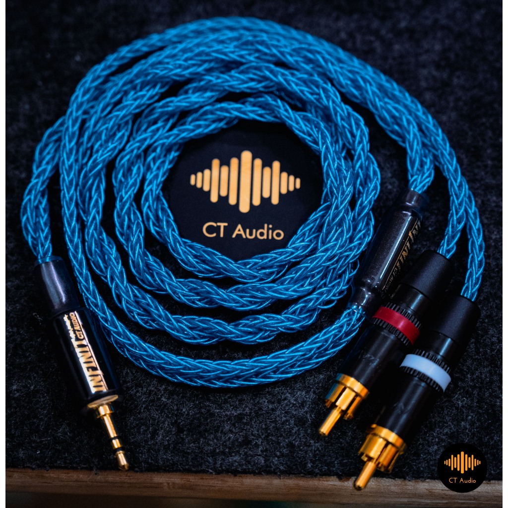 สายอัพเกรด 3.5 เมีย/ผู้ to RCA ถัก 16 ของ REAN Neutrik และ RANKO ด้วยสายทองแดงชุบเงินสีฟ้ายาวประมาณ 