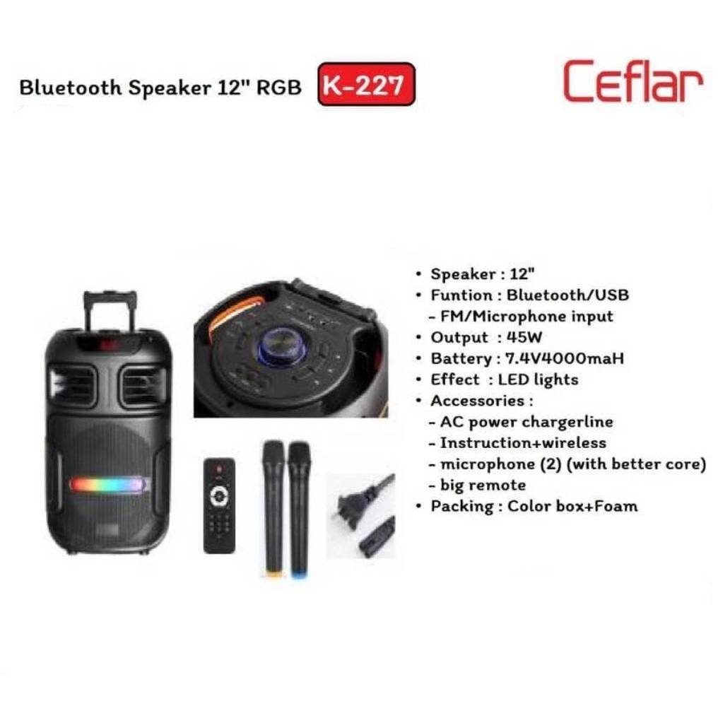 ลำโพงบลูทูธล้อลาก Ceflar K-227 ลำโพงบลูทูธพกพา มีไมค์ลอย 2 ตัว Bluetooth/USB ดอกลำโพงขนาด 12 นิ้ว📌