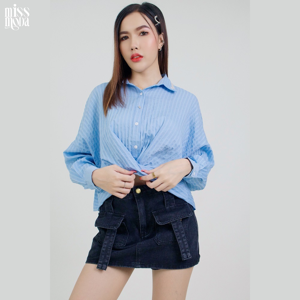 Missmoda รุ่นMC-223TS006 เสื้อเชิ้ตดีไซน์เอวไขว้พรางสัดส่วน ปักโลโก้ตรงปก เสื้อผู้หญิงแบรนด์ (เฉพาะเสื้อ)
