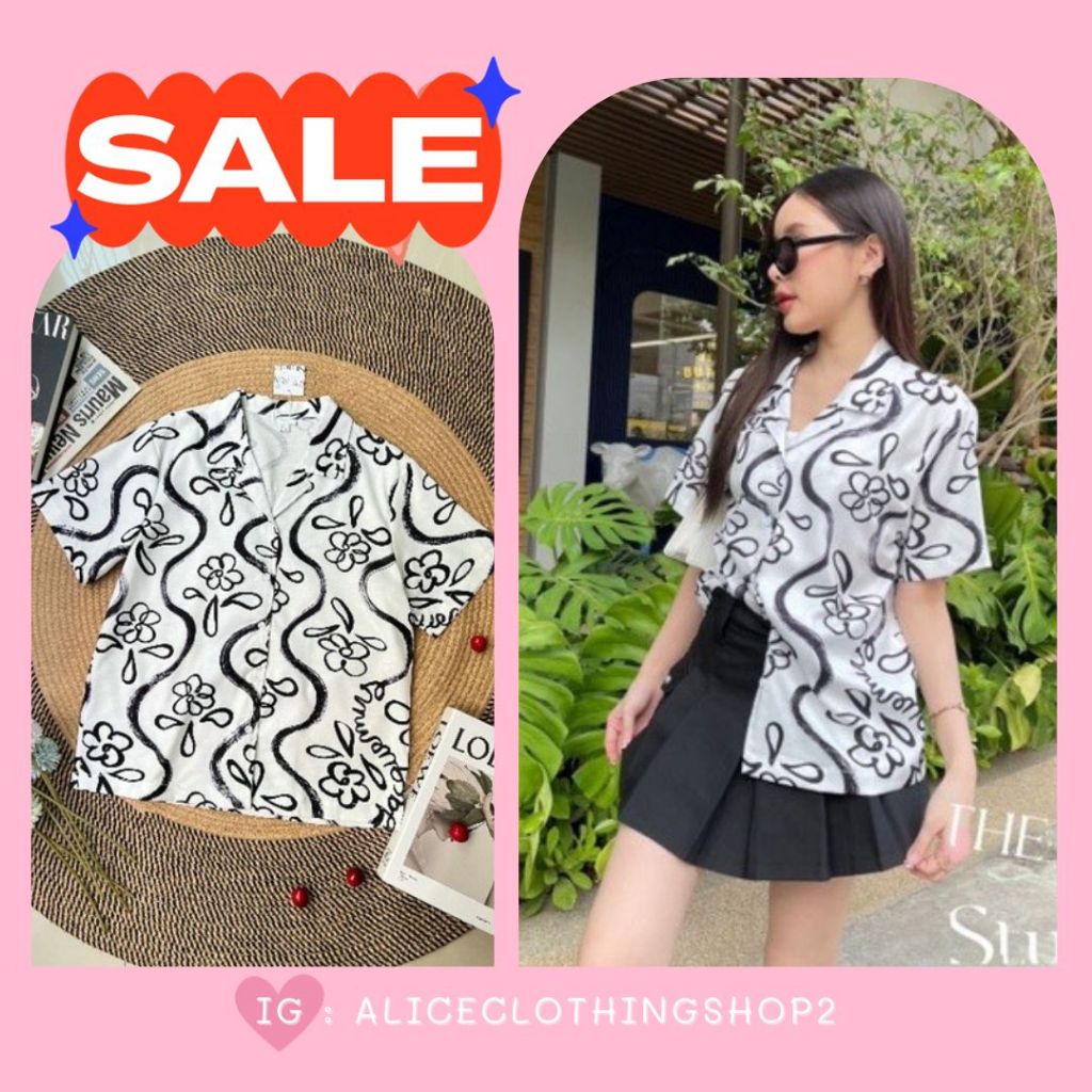 (🔥ราคาเท/𝑺 𝑨 𝑳 𝑬🔥) ♥️ALC♣️ เสื้อเชิ้ตแจ็คมูส ลายดอกไม้ สไตล์ขาวดำ คอปก กระดุมผ่าหน้า ทรงoversize งาน