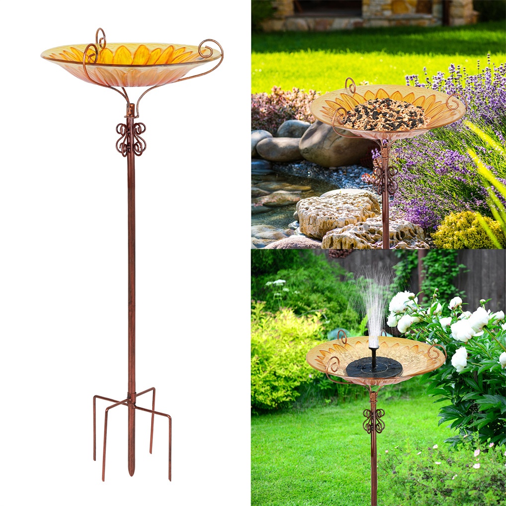 Glass Bird Bath: สวนกลางแจ้งสูง 24.8 นิ้ว Glass Birdbath เครื่องป้อนนกป่าพร้อมเสาโลหะ Solar Birdbaths Fountain