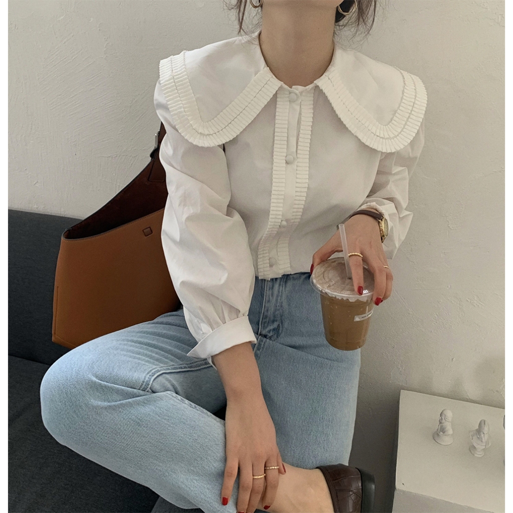 พร้อมส่ง MU2879 เสื้อเชิ้ตแขนยาวลําลอง คอปกบัว ทรงหลวม สีขาว แฟชั่นฤดูร้อน สไตล์เกาหลี สําหรับผู้หญิงน่ารักๆ