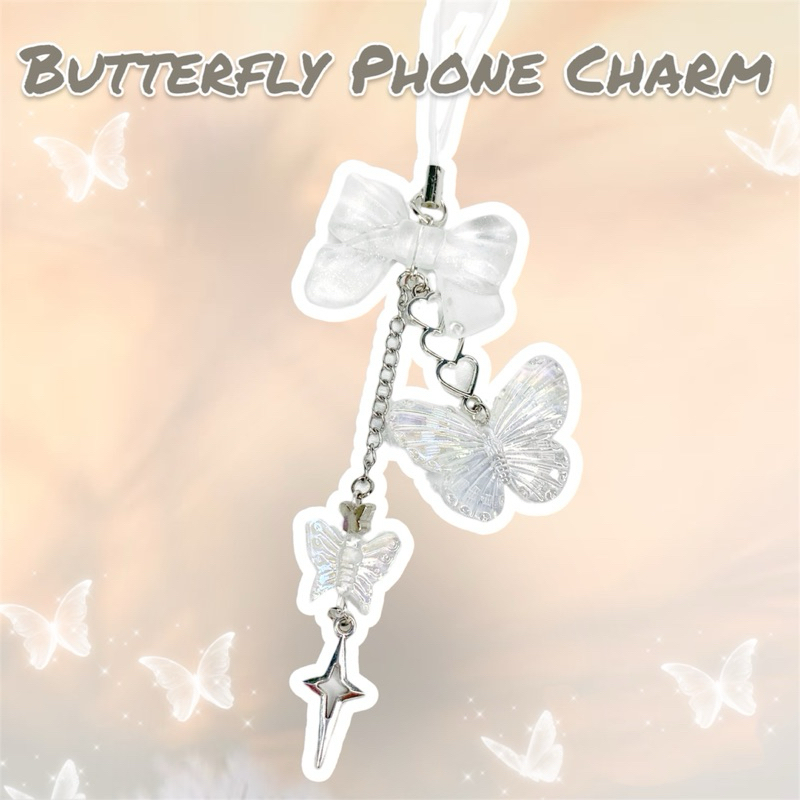 สายห้อยโทรศัพท์ผีเสื้อ Butterfly Phone Charm โทนสีขาวคลีนๆ สวยมาก