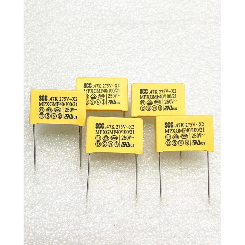(แพ็ค1ตัว/5ตัว) C 0.47UF 275VAC 474PF 470NF คาปาซิเตอร์ ขาห่าง22มิลสีเหลือง เกรดอย่างดี แท้ใหม่ C0.47UF 275V x2 0.47UF