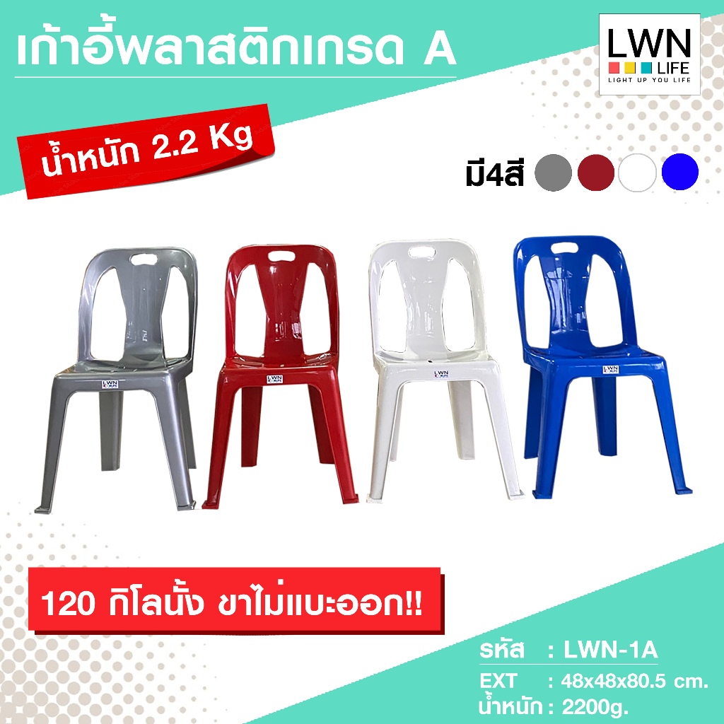 เก้าอี้พลาสติก ยี่ห้อ LWN life งานมาตรฐานราชการ หนา น้ำหนัก2.2kg รับได้มากกว่า 120 กิโล มีหลายสี