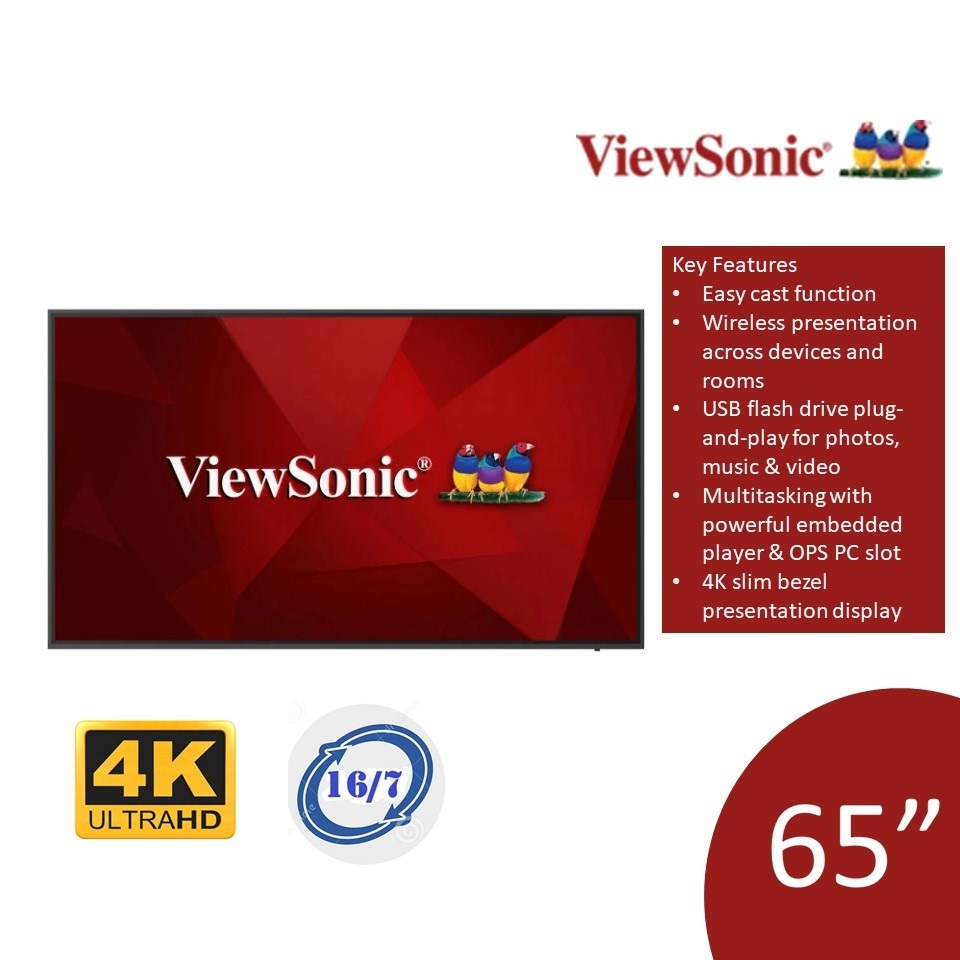 ViewSonic CDE6520 65" 4K Digital Signage and Conference Room with Wireless Presentation Display - 3 Yrs Warranty Onsite