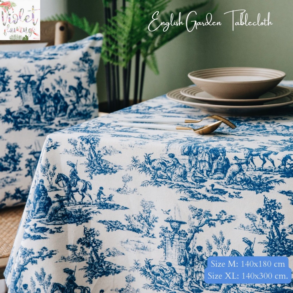 Violet Flamingo ผ้าปูโต๊ะรุ่น English Blue Garden Tablecloth ผ้าคอตตอนลินิน สไตล์อังกฤษ ผ้าปูโต๊ะกินข้าว