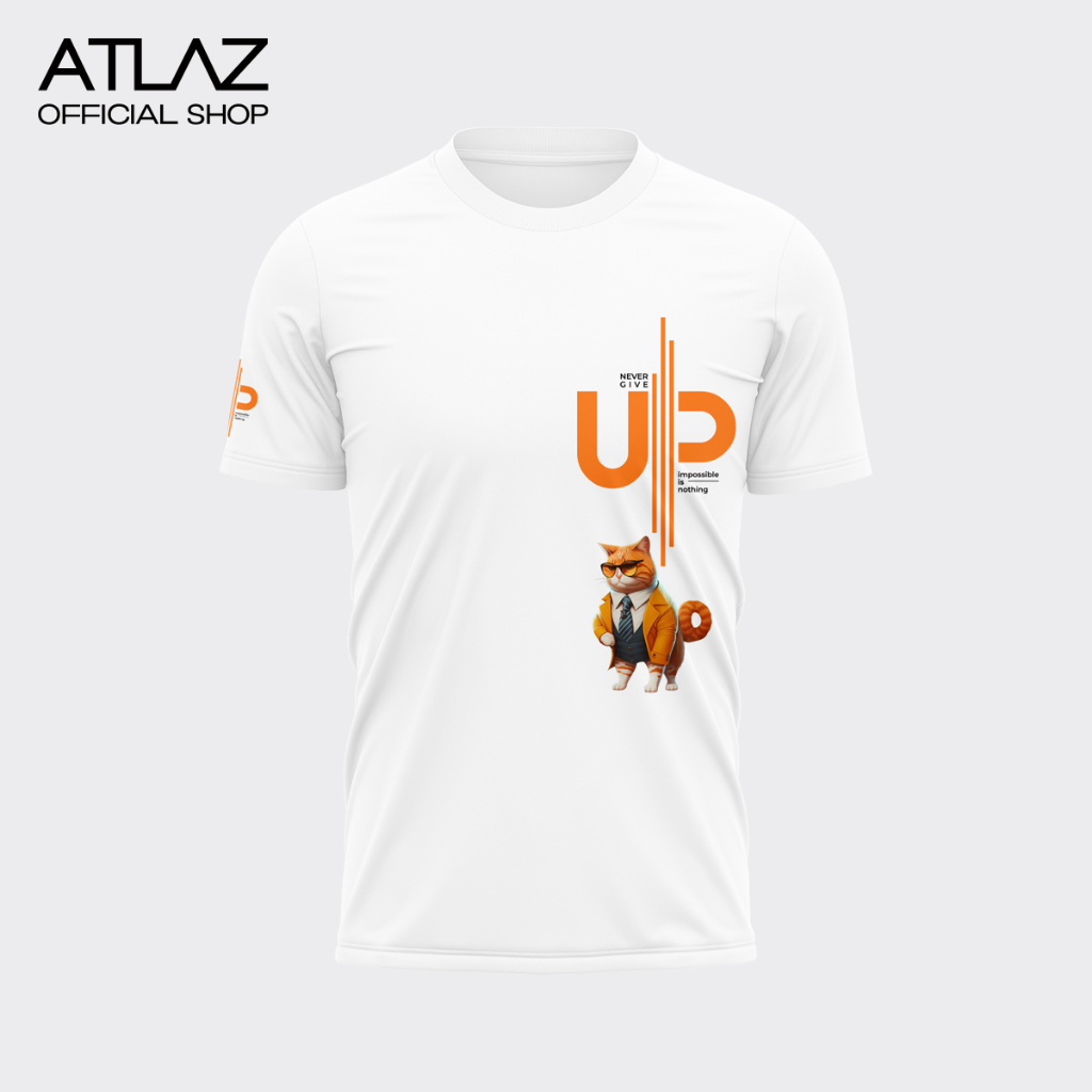 ATLAZ (พร้อมส่ง) เสื้อวิ่งพิมพ์ลายน้อนแมวส้มใส่สูท-สีขาว