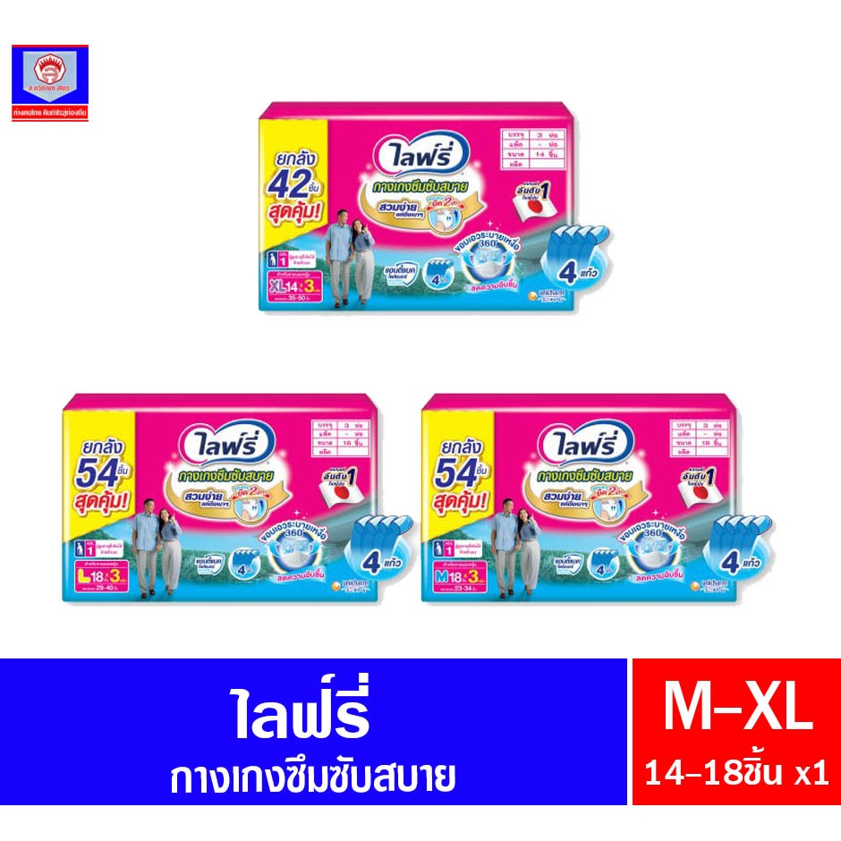 ไลฟ์รี่ กางเกง ซึมซับสบาย ผ้าอ้อมผู้ใหญ่ ไซส์ M-XL **แบบกล่อง รุ่น 3ห่อ**