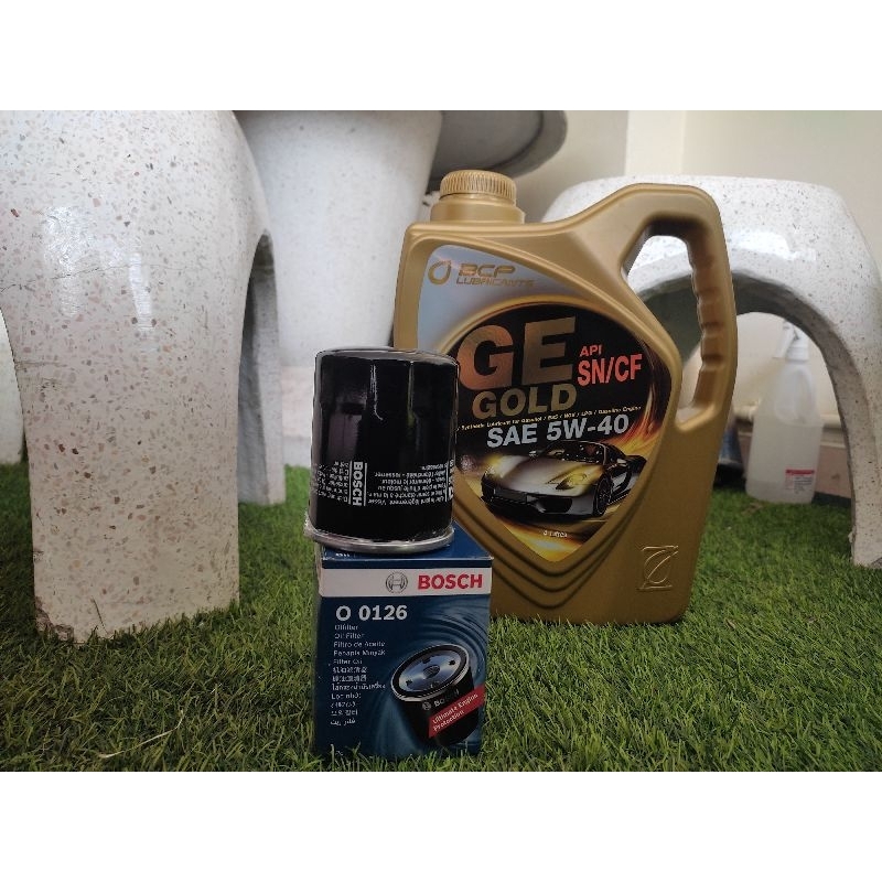 น้ำมันเครื่องเบนซินสังเคราะห์ 100% บางจาก GE Gold 5w40 4ลิตร พร้อมกรอง Bosch
