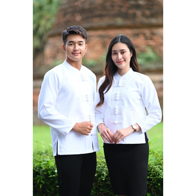 เสื้อผ้าฝ้ายอัดกาว คอจีน ใส่ทำงาน ใส่งานบุญ ไม่ร้อน ไม่หด 🍀จีนแขนยาว สีขาว🍀