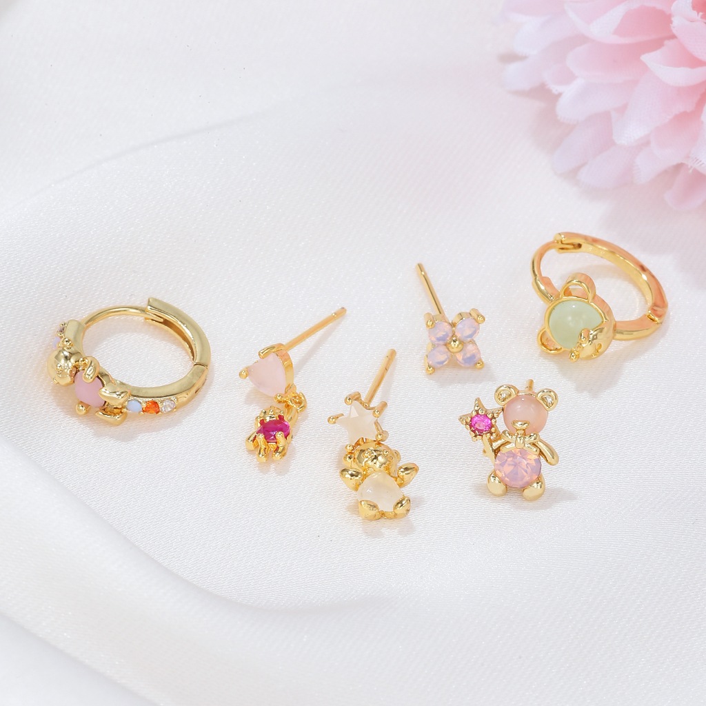 Fairybaby ต่างหู Teddy Treat (Golden) สีทอง น้องหมีชมพู  น่ารัก เครื่องประดับหูผู้หญิง เซทต่างหู 6 ชิ้น (E3-036)