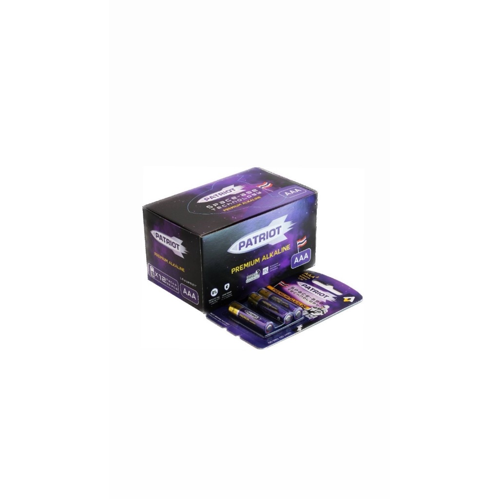 ถ่าน AAA (3A) Patriot Premium Alkaline 1.5V บรรจุ 1 กล่อง(36 ก้อน) 12 แพ็ก แพ็ก 2+1 ถ่านม่วงทอง ทนนานกว่าที่เคยมี