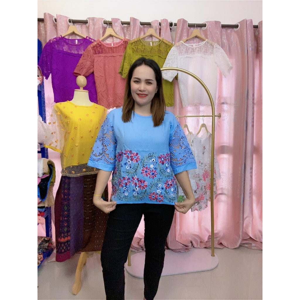 เสื้อคุณแม่ เสื้อผ้าผู้หญิงแขนสั้นสวยๆ สีสดใส ใส่ไปวัด ออกงานต่างๆ รุ่น8801