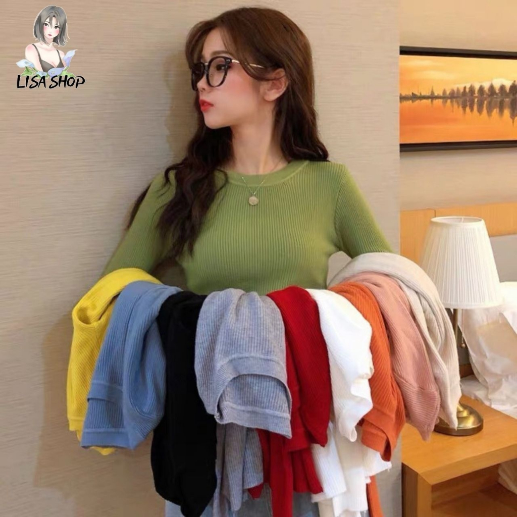 เสื้อแฟชั่น เสื้อไหมพรมแขนยาว ร่องเล็ก ผ้านิ่มสีพื้น ทางสวย ใส่แล้วเข้ารูป TS916
