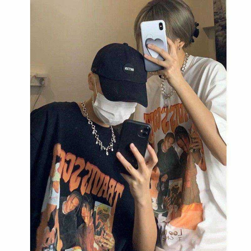 เสื้อยืดคู่รัก เสื้อยืดสกรีนลายเท่ๆ สไตล์เกาหลี วินเทจ