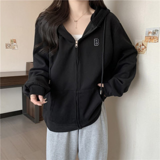 307เวอร์ชั่นเกาหลี คาร์ดิแกนซิปแขนยาว สีดำ เสื้อกันหนาวมีฮู้…