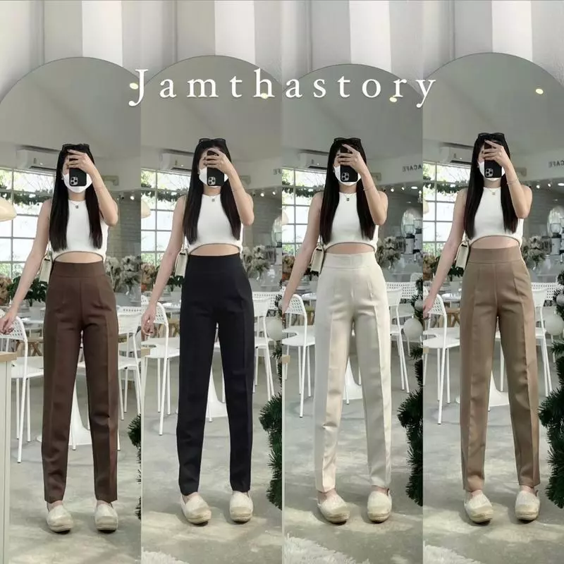 กางเกงเก็บพุงทรงบอยขากระบอกเล็ก 10ส่วน ขอบเรียบ ซิปหลัง เอวสูงปิดสะดือ