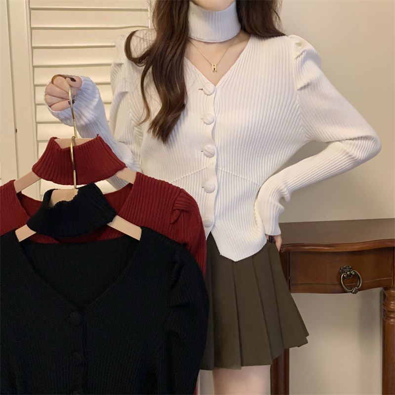 พร้อมส่ง เสื้อคอวีแขนขาว ผ้าไหมพรม มีกระดุมหน้า เข้ารูป ผ้านุ่มสวย กันหนาว สไตล์เกาหลี สําหรับผู้หญิง
