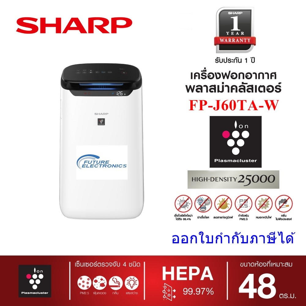 [Easy E-Receipt]SHARP เครื่องฟอกอากาศรุ่น FP-J60TA-W  พลาสม่าคัตเตอร์  ขนาด48 ตร.ม. 25,000ไอออน ดักจ