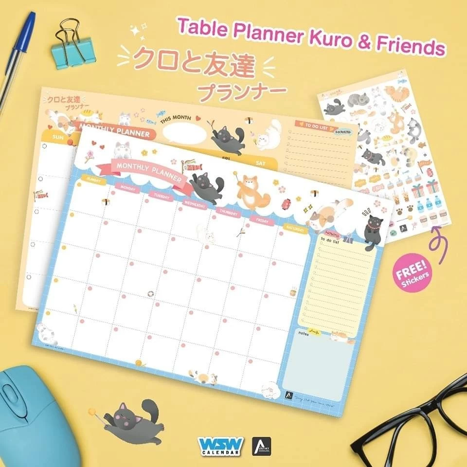 The Artist Collection Table Planner | Kuro&Friends แพลนเนอร์A3รูปน้องแมว เขียนเดือนและวันที่ได้